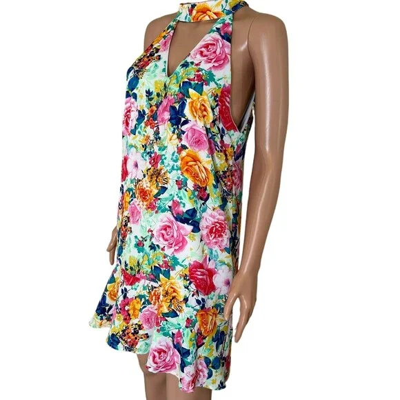 Peach Love dress floral print halter neck short open V back & front SZ MD summer - Picture 3 of 9